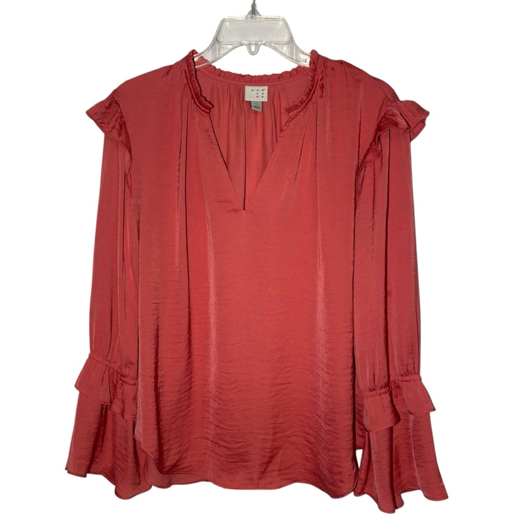 A New Day Blouse Women Large Coral Solid Ruffle Bell Sleeve Satin Romantic Boho